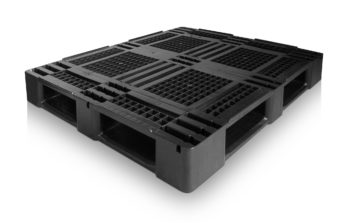 Newly manufactured black euro plastic pallet on a white background